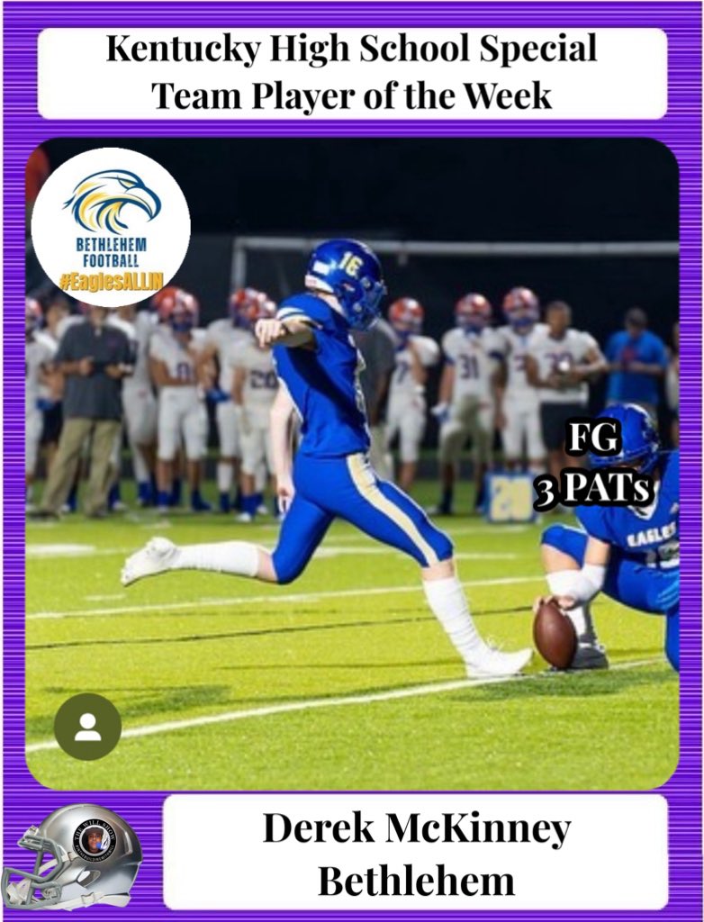 54 Sports Network🎙 (@54sportsnetwork) on Twitter photo The Will Show’s KY HS Football Special Team Player of the Wk is <a href="/BethlehemHSFB/">Bethlehem Eagles Football</a> <a href="/Derek_McKinneyy/">Derek McKinney</a> . Congratulations <a href="/BethlehemAthle1/">Bethlehem Athletics</a> The Will Show’s KY HS Football Special Team Player of the Wk is <a href="/BethlehemHSFB/">Bethlehem Eagles Football</a> <a href="/Derek_McKinneyy/">Derek McKinney</a> . Congratulations <a href="/BethlehemAthle1/">Bethlehem Athletics</a>