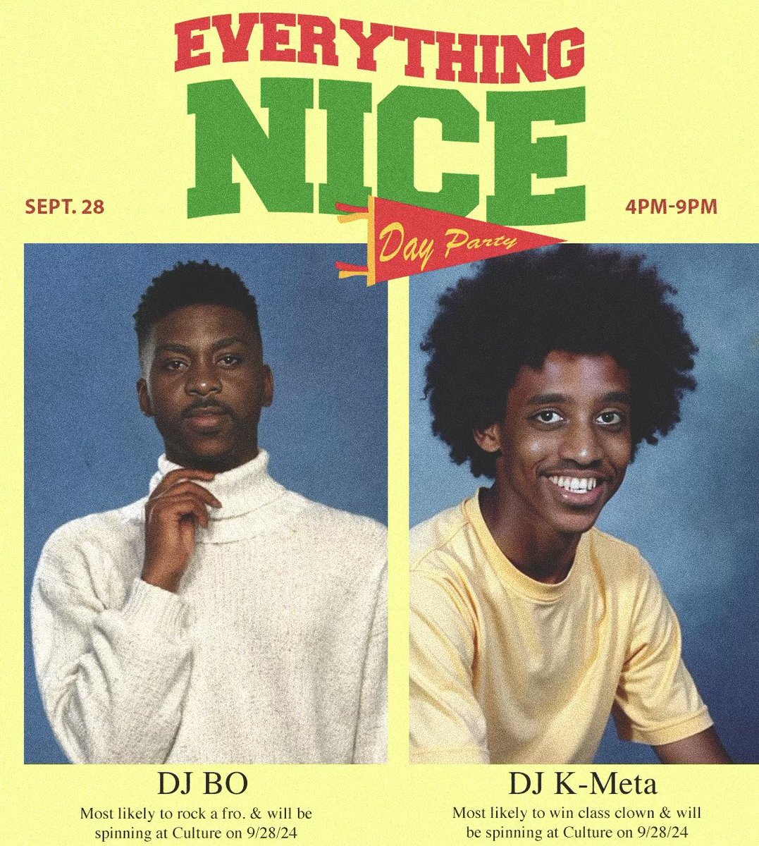 evnicedc's tweet photo. Everything Nice day party is this Saturday..and the superlatives are in! 💫 

Catch our DJs in action at @cultureivycity 🎶 

@boknowsdjing
@djkmeta
@djkendollaz
@soundsbytimfields

Hosted by @fatherfonz &amp; @bison.baddies

4-9pm
21+

Tickets are available in our bio thru posh https://t.co/6L7f8H90d8