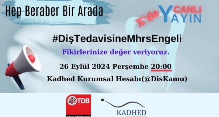 #DişTedavisineMhrsEngeli

Nitelikli, kamusal toplum ağız diş sağlığı hizmeti için…
#HepBeraberBirArada

<a href="/drmemisoglu/">Prof. Dr. Kemal Memişoğlu</a>
<a href="/saglikbakanligi/">T.C. Sağlık Bakanlığı</a>
<a href="/yhgmsb/">Yönetim Hizmetleri Genel Müdürlüğü</a>
<a href="/MHRS_182/">MHRS</a>