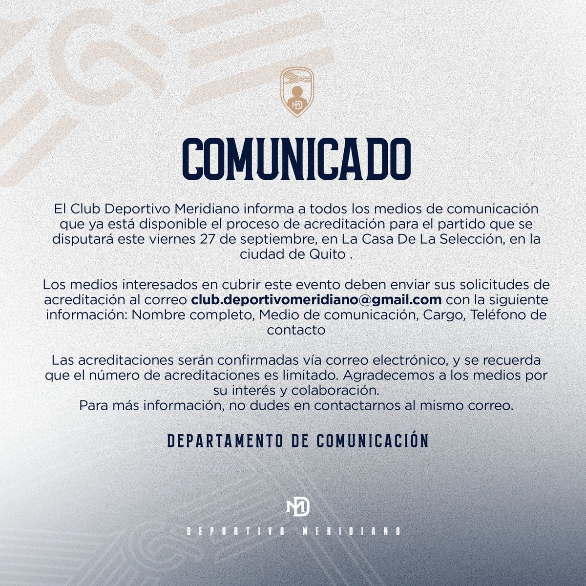 DeporMeridiano's tweet photo. ✍️COMUNICADO OFICIAL: Acreditación medios de comunicación ⚽🎙️📽️

Vamos Meridiano 💙 💛 https://t.co/RKE2uJ4wvE