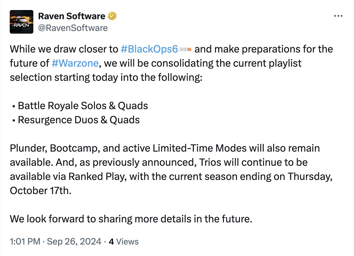 charlieINTEL's tweet image. Breaking: Raven Software has announced an update on the Warzone playlists 

Only BR Solos and Quads, and Resurgence Duos &amp;amp; Quads will be available, along with Trios Ranked and some LTMs