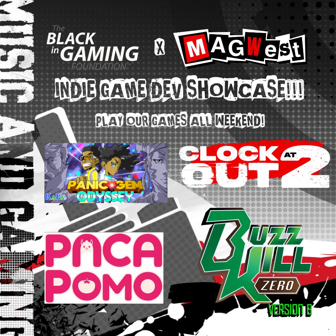 mgamekitchen's tweet photo. Turn your attention to @magwestofficial this weekend! In collaboration with @BlackinGaming, they have some awesome events!! Check out the showcase of #Clockoutat2 by @BStudios_ and @panicgemodyssey from KaPa ENT and founder @kalebparham_dev https://t.co/ZMAHAoIgAz