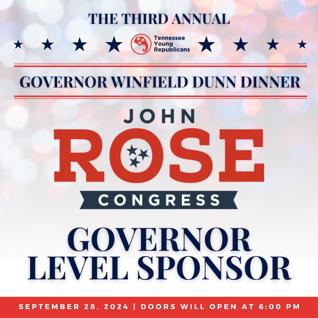 TN Young Republicans (@tyrf) on Twitter photo Thank you to <a href="/RepJohnRose/">Congressman John Rose</a> for being the Governor Level Sponsor of our Third Annual Governor Winfield Dunn Dinner! Your continued support helps us carry forward our mission of strengthening the future of the Republican Party in Tennessee! Thank you to <a href="/RepJohnRose/">Congressman John Rose</a> for being the Governor Level Sponsor of our Third Annual Governor Winfield Dunn Dinner! Your continued support helps us carry forward our mission of strengthening the future of the Republican Party in Tennessee!