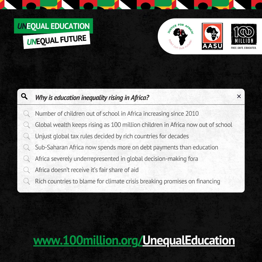 📢NEW  

Why has #education #inequality grown in #Africa and what can we do about it?

🚨Find out more in our new report: Unequal Education, Unequal Future Report: 100million.org/unequaleducati…

#UnequalEducationUnequalFuture #JusticeForAfrica
<a href="/Zinasuzim/">ZINASU🇿🇼</a> <a href="/TanzaniaChild/">TANZANIA COALITION AGAINST CHILD LABOUR</a> <a href="/PrimeGoals4All/">Prime Goals Initiative</a>