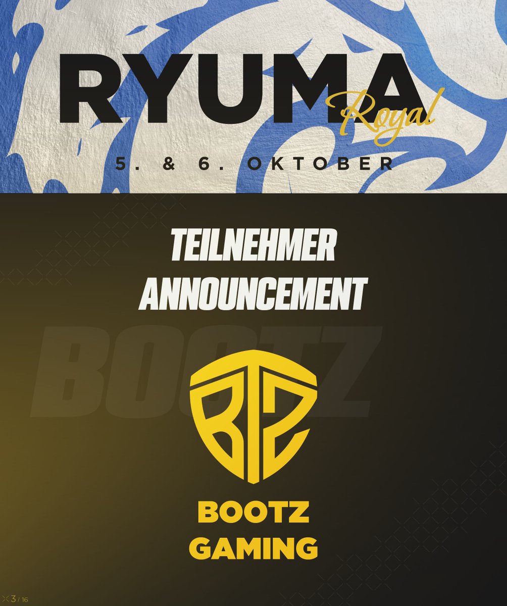 ryumaesports's tweet photo. Als drittes Team begrüßen wir @bootzgaming_gg im Ryuma Royal! 🔥
Als Aufsteiger in Liga 3 haben sie ihre Gruppe mit einem starken 14:0 abgeschlossen und sich gegen intSport in den 3-4 Playoffs durchgesetzt! 🫡
Wie der erneute Clash der Orgas wohl ablaufen wird?
#RyumaRoyal https://t.co/c1YW73GdYh