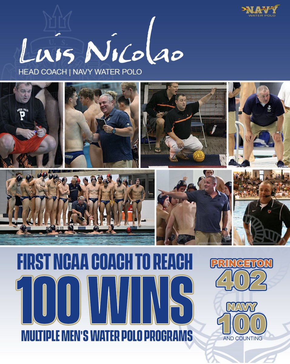 NavyWaterPolo's tweet photo. Luis Nicolao is officially the first coach in NCAA Water Polo history to lead multiple men's programs to 100 WINS!

If you're keeping track of his most recent stats - this has been an impressive week highlighting an unprecedented career. 

21 SEP 2024
NAVY vs CONCORDIA
500th CAREER WIN (Navy Men + Princeton Men)

22 SEP 2024
NAVY vs CAL LUTHERAN
100th WIN - NAVY MEN
------------
MULTIPLE PROGRAM 100th WIN (Navy Men 100 + Princeton Men 402)
-----------
936th WIN Combined Men and Women Programs
NAVY MEN 100 | PRINCETON MEN 402 | PRINCETON WOMEN 434

64 DUBS away from breaking the 1000th mark!

 #gonavywp🇺🇸@Pwaterpolo @CWPAWaterPolo @NCAA_Water_Polo @total_waterpolo @USAWP