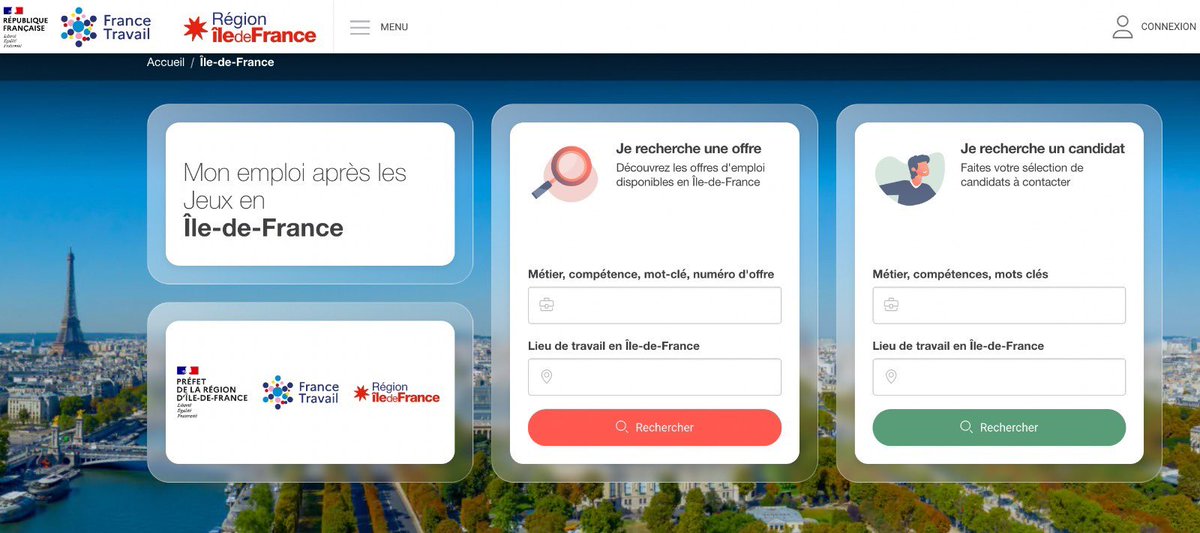 Ex. avec le lancement de la plateforme “Mon emploi après les Jeux en #IDF” par <a href="/FranceTravail/">France Travail</a> &amp; la région <a href="/iledefrance/">Région Île-de-France</a>

Objectif : permettre à ceux qui ont assuré la réussite des Jeux de trouver un emploi durable. 30 000 offres sont déjà disponibles 👉 francetravail.fr/region/ile-de-… 3/4