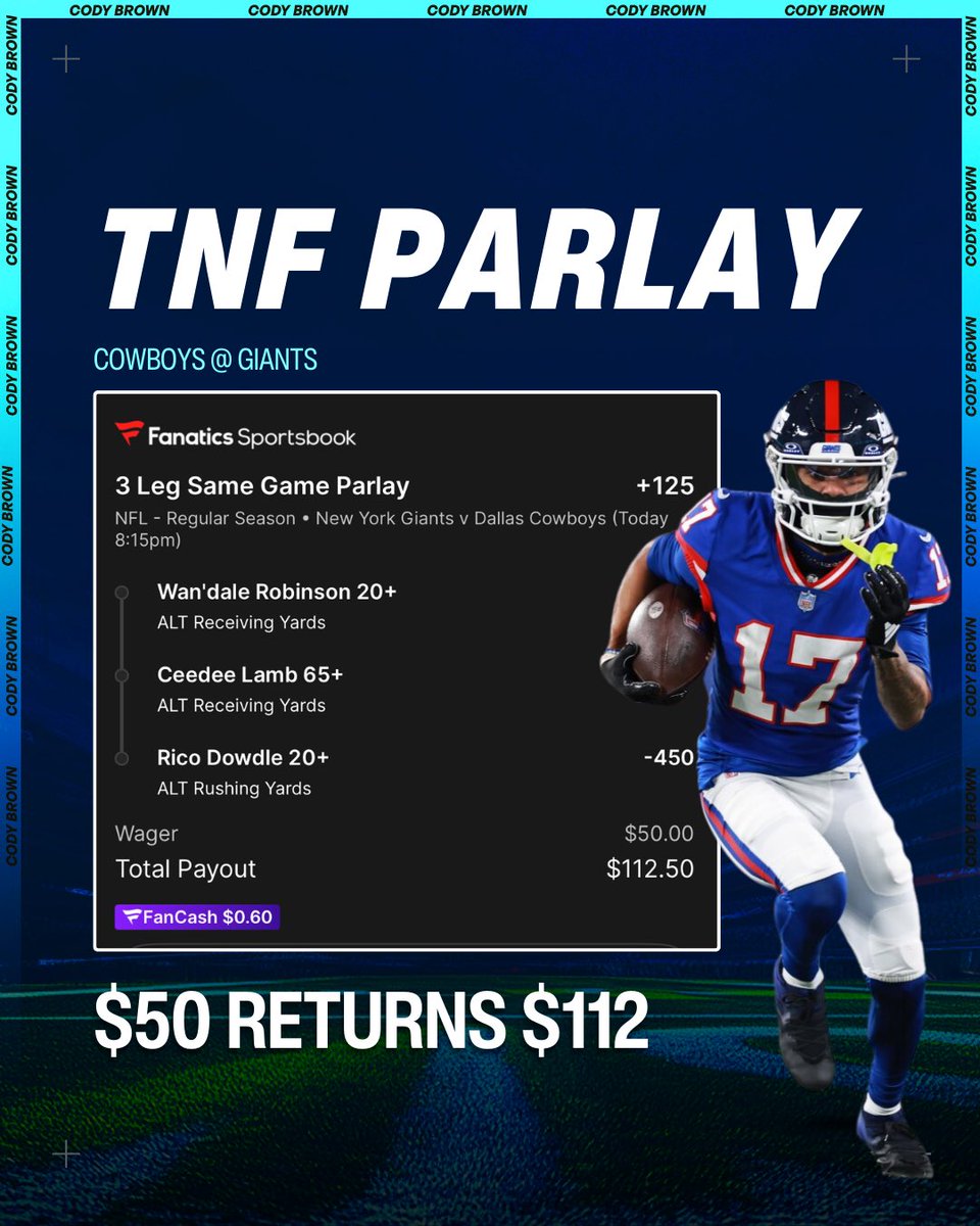 CodyBrownBets's tweet photo. 🏈 Cowboys @ Giants SGP

We cashed on MNF, let’s hit another parlay tonight…

If you’re joining in, make sure you have a Fanatics account as they will match your wager in bonus bets up to $1000.

🎁 Claim here: https://t.co/eaI4tsma1o

21+, gamble responsibly. #TNF https://t.co/UPDJ4KIzoj