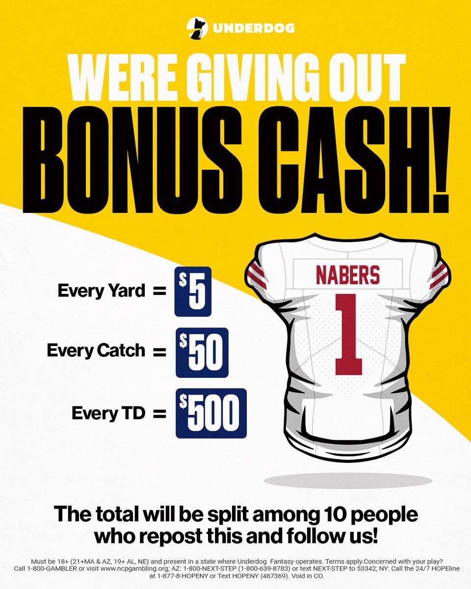 💰 Bonus Cash Giveaway 💰

We're splitting bonus cash between 10 people, based on Malik Nabers' performance tonight 👀

Every Yard = $5
Every Catch = $50
Every Touchdown = $500

To enter, just...
1⃣ Follow us @UnderdogFantasy
2⃣ Repost this
3⃣ Reply with UD Username