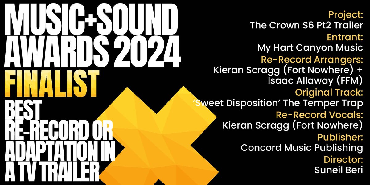 MASAwards's tweet photo. #MASAwards Finalist (4/6):👏
The Crown S6 Pt2 Trailer
Entrant: My Hart Canyon Music
Re-Record Arrangers: Kieran Scragg + Isaac Allaway
Original Track: ‘Sweet Disposition’ The Temper Trap
Re-Record Vocals: Kieran Scragg
Publisher: Concord https://t.co/6g1MlvMOeK