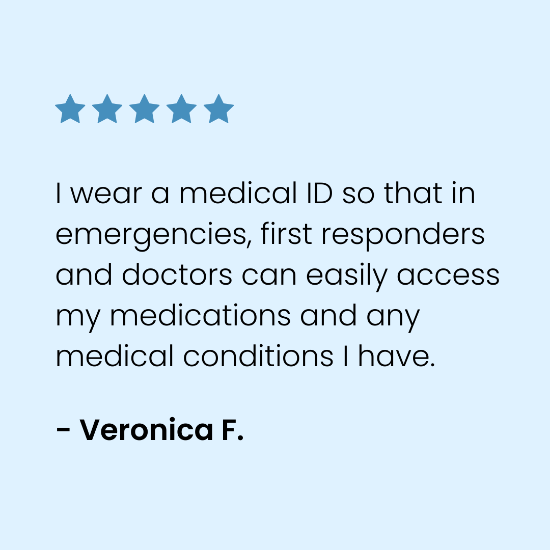 Universal_MedID's tweet photo. ⭐⭐⭐⭐⭐
I wear a medical ID so that in emergencies, first responders and doctors can easily access my medications and any medical conditions I have. - Veronica F.

Should you be wearing a medical ID? We've got you covered! https://t.co/rLcjjzSDvo