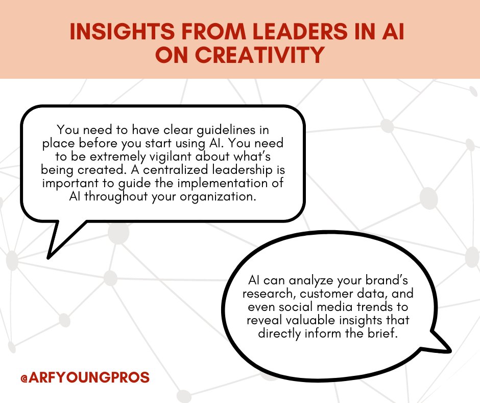 Today the ARF is hosting the Creative Effectiveness 2024 summit where numerous presenters are sharing their findings with the impact AI has on a creatives.

#ARFYP
#ARFYoungPros
#CreativeEffectiveness