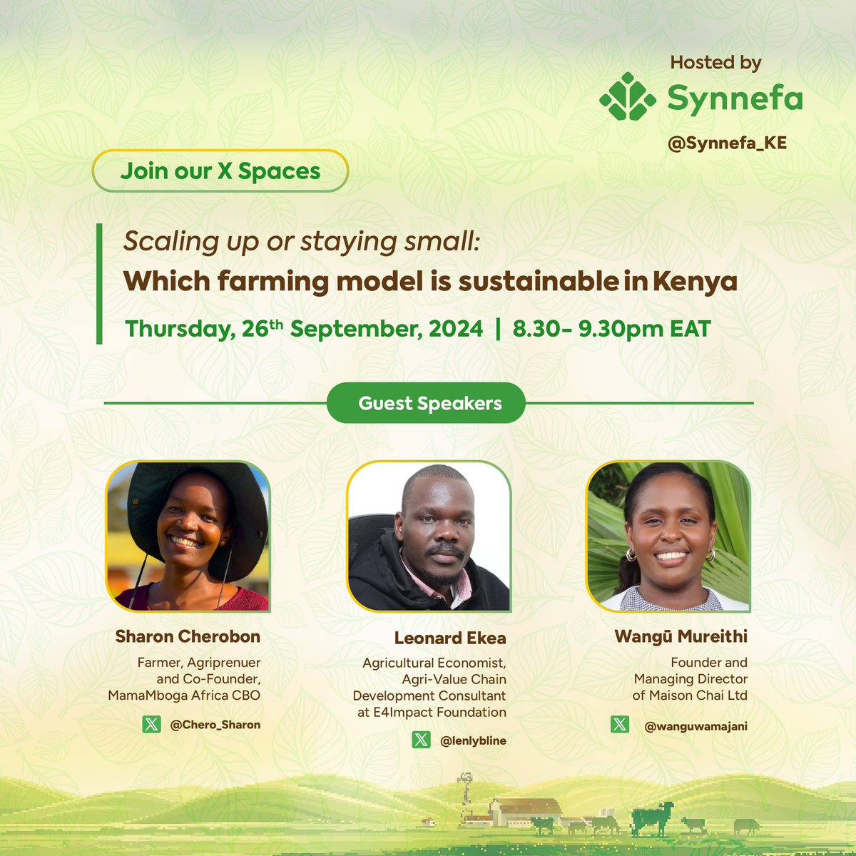 Synnefa (@synnefa_ke) on Twitter photo Tonight’s speaker line up 👇🏾
Sharon Cherobon
Farmer, Agriprenuer and Co-Founder: <a href="/MamaMbogaKe/">Mama Mboga Africa🥦</a> CBO
Follow her 👉🏾 <a href="/Chero_Sharon/">Sharon Cherobon</a>
To join the space use this link, x.com/i/spaces/1BRJj… #Agri4Value Tonight’s speaker line up 👇🏾
Sharon Cherobon
Farmer, Agriprenuer and Co-Founder: <a href="/MamaMbogaKe/">Mama Mboga Africa🥦</a> CBO
Follow her 👉🏾 <a href="/Chero_Sharon/">Sharon Cherobon</a>
To join the space use this link, x.com/i/spaces/1BRJj… #Agri4Value