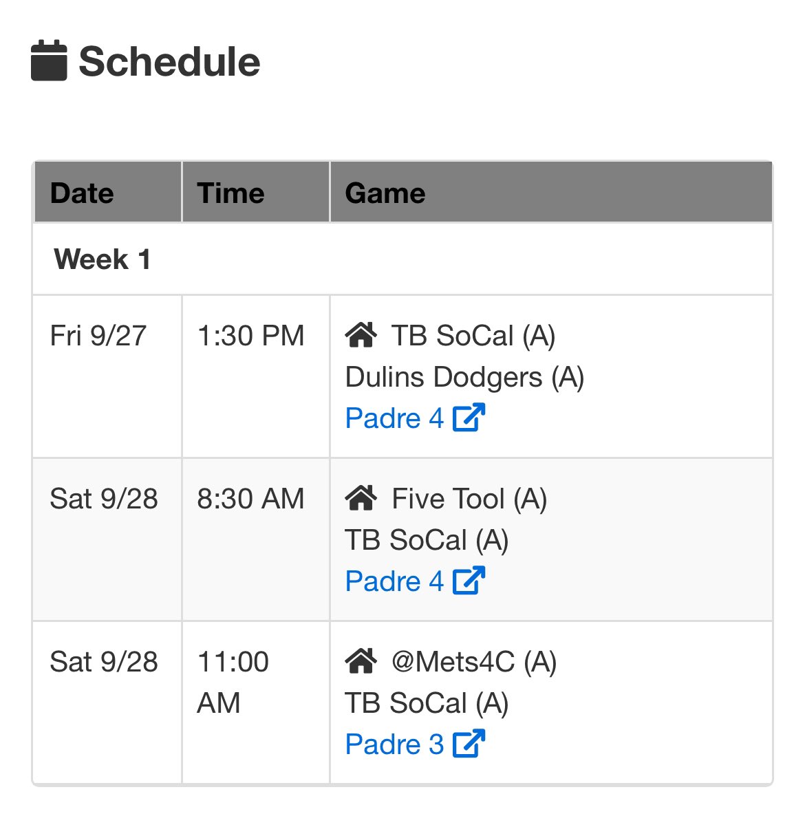 My schedule for the AZ Draft Prospect Classic, Sept 27-29 in Peoria   <a href="/TB_SoCalTeams/">TB Socal Baseball</a>