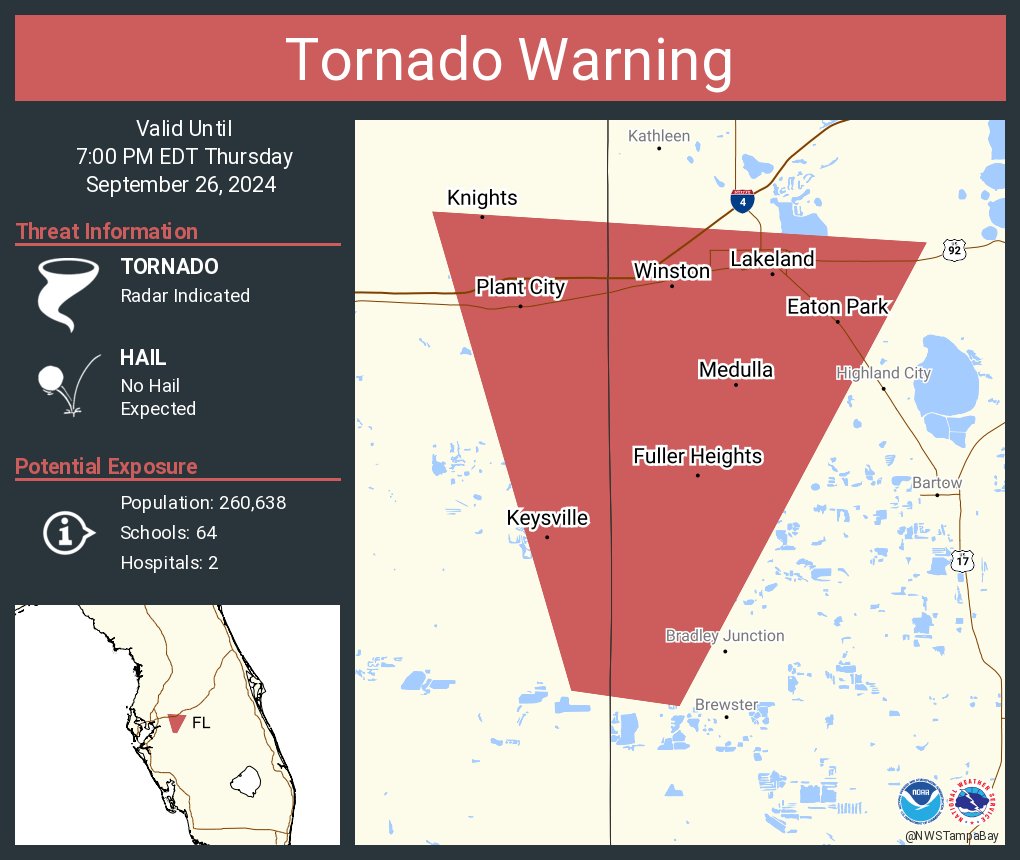 Tornado Warning including Lakeland FL, Plant City FL and  Medulla FL until 7:00 PM EDT