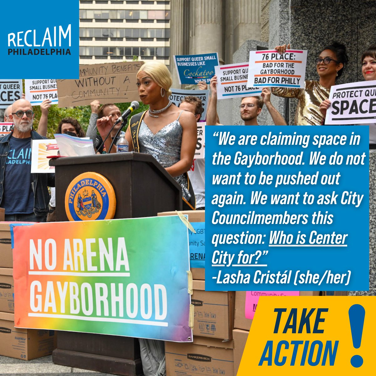 reclaimphila's tweet photo. Today, Reclaim supported No Arena Gayborhood's  press conference calling on Philly's city officials to protect the LGBTQ+ community from the proposed 76 Place project. https://t.co/4U1OutuBiQ