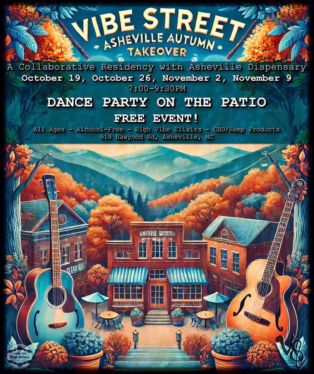 Join us for a free, intimate fall dance party series at <a href="/AvlDispensary/">Asheville Dispensary</a>. Saturdays 10/19-11/9. #FollowTheBlueGrasshopper ==> NEIGHBORHOOD.earth for all updates