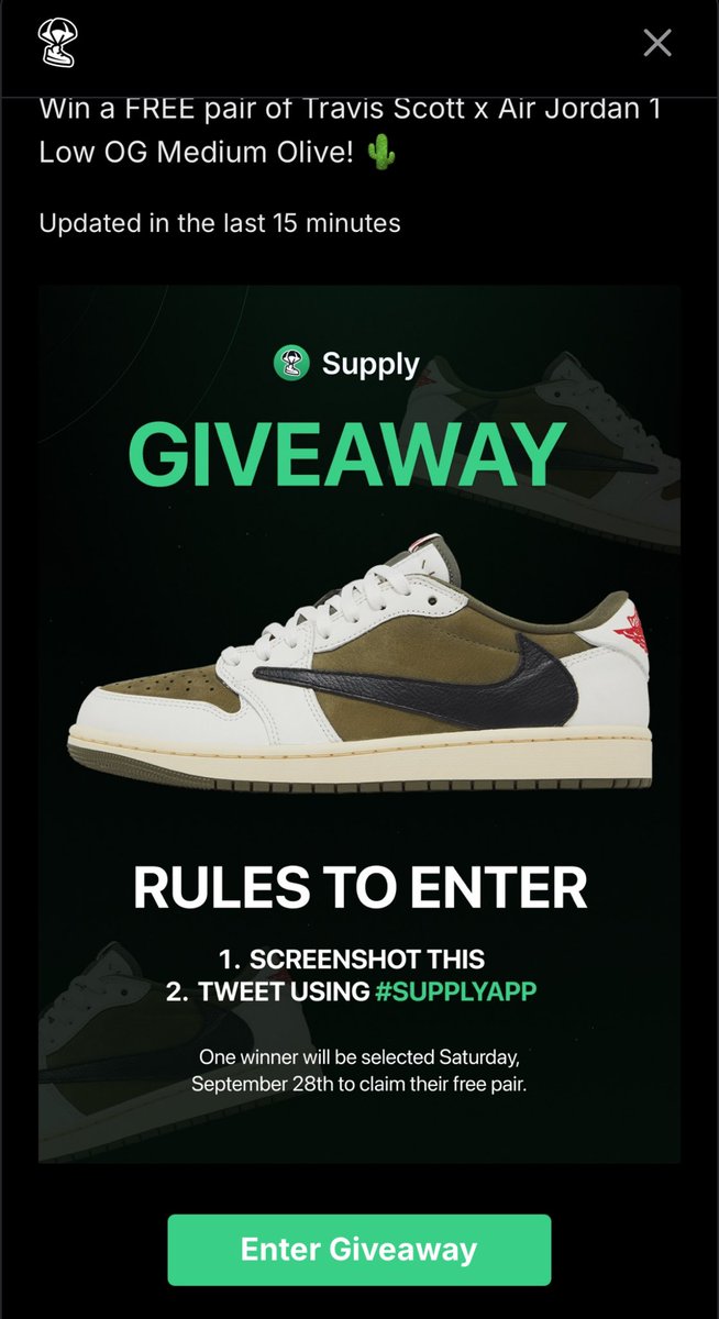 JDWhite112's tweet photo. LETS GO @thesupply_app - I just entered the #SupplyApp Travis Scott Giveaway! Download the app to enter: https://t.co/olqddL1ejL https://t.co/LWJJ5vWLWA