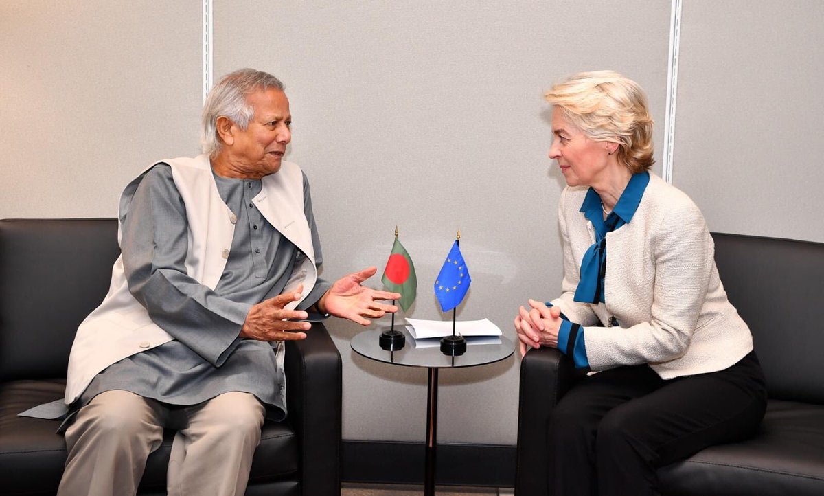 ChiefAdviserGoB's tweet photo. EU Commission President @vonderleyen met Bangladesh Chief Adviser Prof. Muhammad Yunus at #UNGA . They discussed anti-corruption efforts, renewable energy, and key reforms. 
#RenewableEnergy #anticorruption #keyreforms https://t.co/p7ok9V26qf