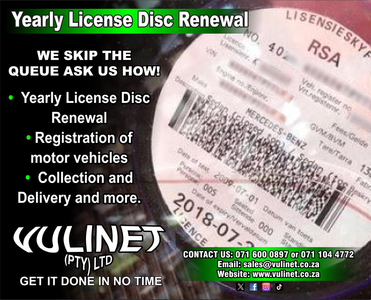 Vulinet Pty Ltd (@vulinet) on Twitter photo VULINET (Pty) Ltd- Need your vehicle license renewed? We'll deliver your new license disc direct to your door!. We queue for you!
Call NOW! 0716000897 / 0711044772 or email us on sales@vulinet.co.za
Visit our website: vulinet.co.za
#Vulinet #LicenseDisc #CarOwnership VULINET (Pty) Ltd- Need your vehicle license renewed? We'll deliver your new license disc direct to your door!. We queue for you!
Call NOW! 0716000897 / 0711044772 or email us on sales@vulinet.co.za
Visit our website: vulinet.co.za
#Vulinet #LicenseDisc #CarOwnership