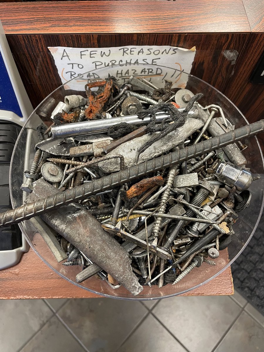 ShawAlan's tweet image. Went to a local tire shop to get a low pressure tire looked at and this bowl has some of the items that they’ve remove from tires…