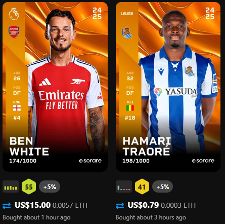 #sorare is this a good investment or did I get scammed?
Ben white - 15$
Hamari Traore - 0.79$ (Injured- return next year)
<a href="/Sorare/">Sorare</a> <a href="/McBrideAce/">McBrideAce ☘️</a>