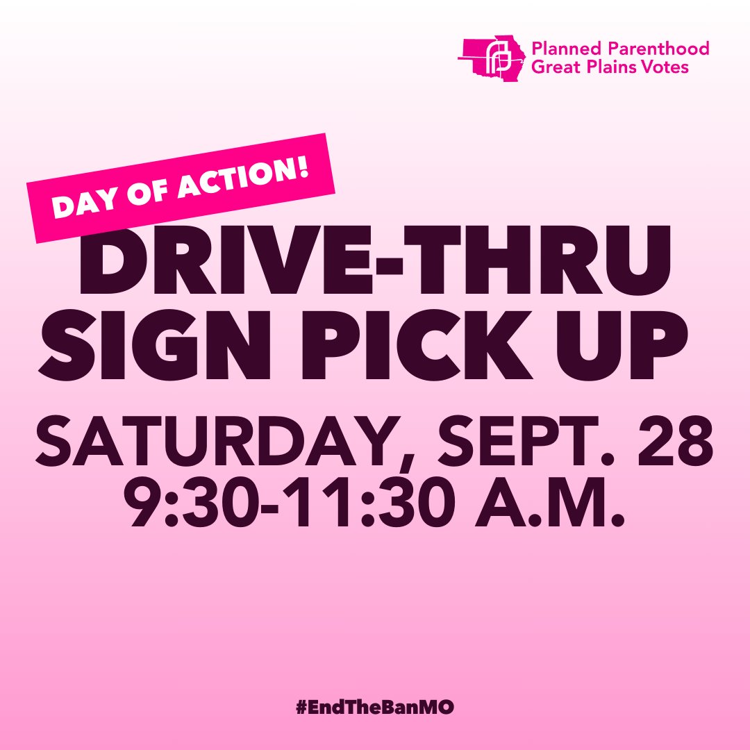 We have a chance this November to end Missouri's abortion ban. Come pick up your YES on 3 signs this Saturday, Sept. 28 during our Day of Action event from 9:30-11:30 a.m.!

Let us know if you're coming to get one: bit.ly/4eg82Ph

#EndTheBanMO