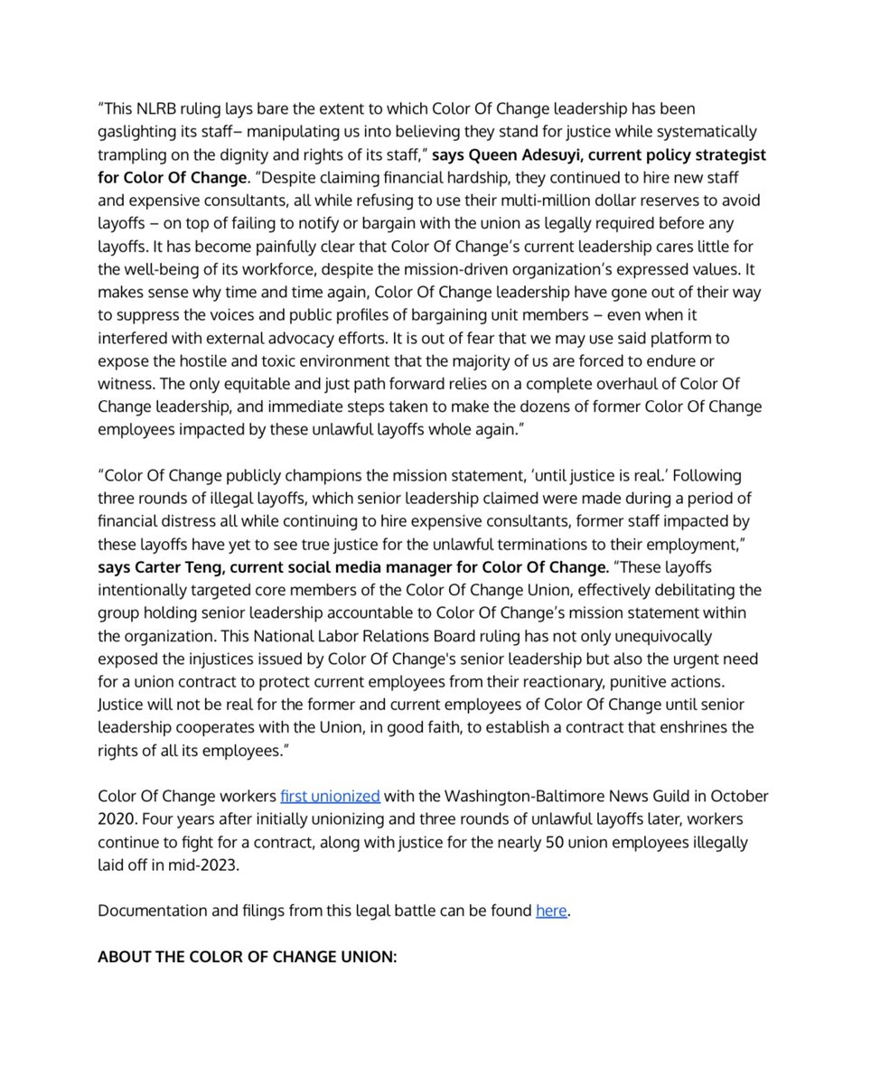 "Justice will not be real for the former and current employees of <a href="/ColorOfChange/">ColorOfChange</a> until senior leadership cooperates with the Union, in good faith, to establish a contract that enshrines the rights of all its employees"