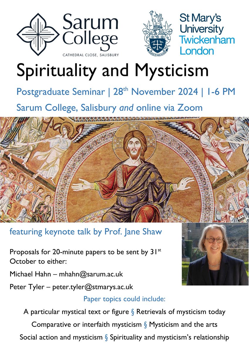 On Thursday 28th November, <a href="/SarumCollege/">Sarum College</a> are hosting a seminar on spirituality and mysticism for postgraduate students, featuring a keynote paper from Jane Shaw. Please share with anyone who might be interested in presenting or attending. Hosted in Salisbury and online.