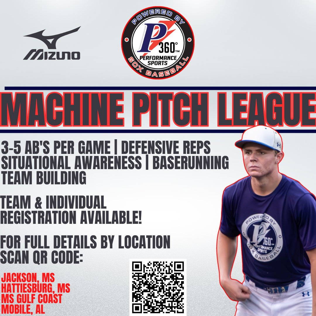 P360 Performance Sports-Pearl (@p360pearl) on Twitter photo The P360 Machine Pitch League is back!!
⭐️Opening night is set October 21st!
⚾️8 Games
📅Mondays & Thursdays
📍Freedom Ridge Park
For Full Details Scan QR Code Below Or Visit: p360performancesports.com/2024-p360-mach…
Questions?
Colton Hood
colton@sbgsox.com The P360 Machine Pitch League is back!!
⭐️Opening night is set October 21st!
⚾️8 Games
📅Mondays & Thursdays
📍Freedom Ridge Park
For Full Details Scan QR Code Below Or Visit: p360performancesports.com/2024-p360-mach…
Questions?
Colton Hood
colton@sbgsox.com