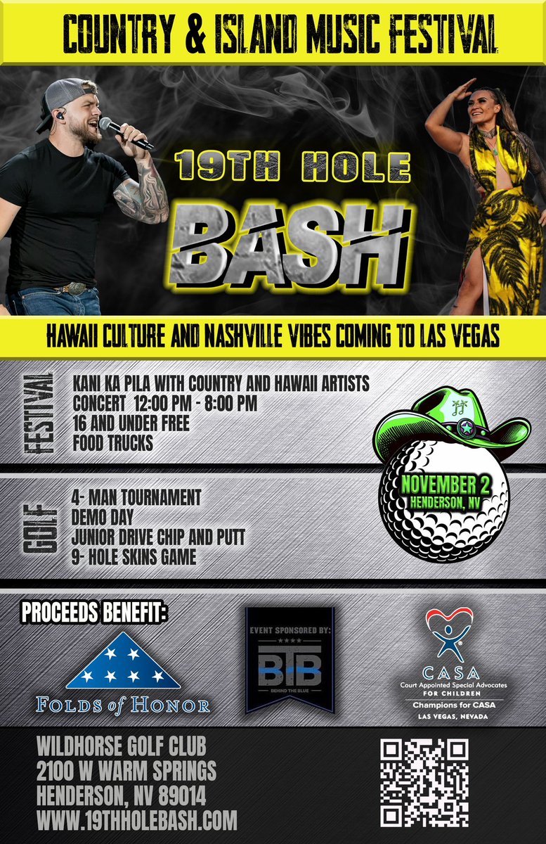 Las Vegas local bands 

We're throwing a fantastic event on November 2 at the Wild Horse Golf Club. 107.9 the coyote will be on site live!
Hawiaiin fest/country festival very family oriented!

Interested in performing? Give Zana Kensington a shout at 702-801-7998.