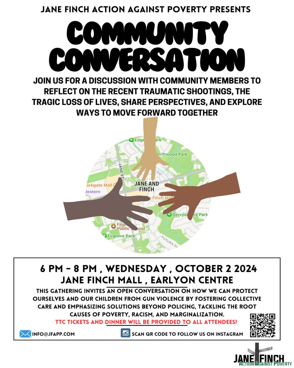 This gathering invites an open conversation on how we can protect our community from gun violence by fostering collective care and emphasizing solutions beyond policing, tackling the root causes of poverty, racism, and marginalization.
Oct 2, 2024, 6-8 pm. #JaneFinch