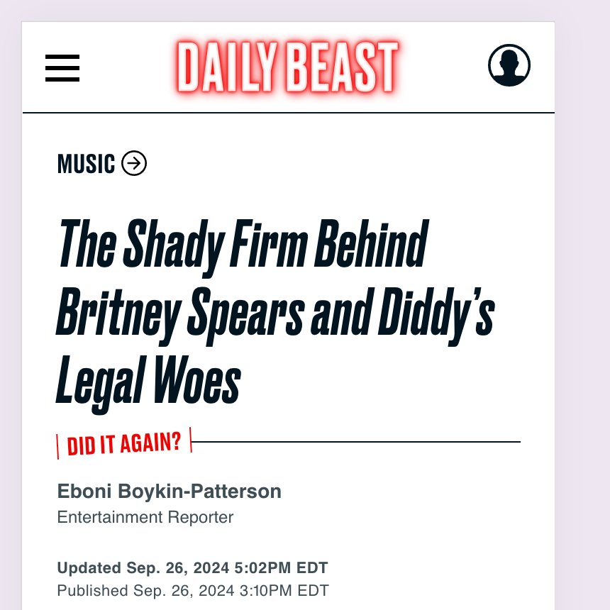ghoulia's tweet photo. The Daily Beast has an article today about Sean Combs, Tri Star and Britney Spears - with Lou Taylor and Robin Greenhill specifically named.
"The Shady Firm Behind Britney Spears and Diddy's Legal Woes" by @EB_hyphenate https://t.co/hoEFTnWiTt