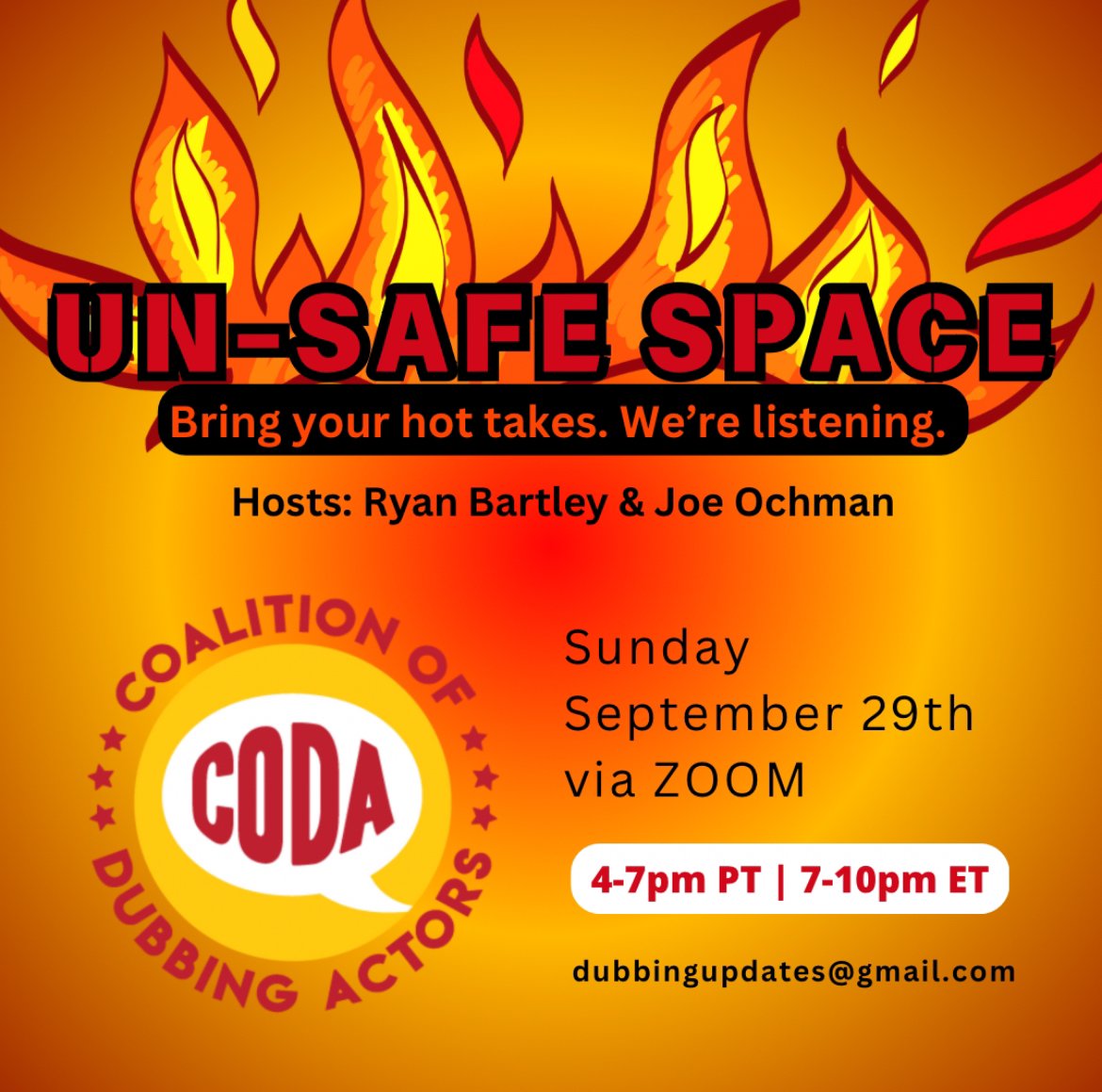There’s lots of hot takes out there... but let keep them off social media!
Come scream AT real people, WITH real people at CODA’s first ever Un-Safe Space!
(Friendly reminder that anti-union sentiment online doesn’t help this strike end faster.)
Let’s scream it out among friends!