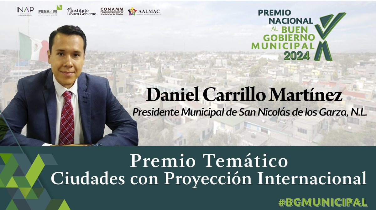 Alcalde de <a href="/GobSanNicolas/">Gobierno de San Nicolás</a>, Daniel Carrillo <a href="/daniel_carrillo/">Daniel Carrillo Mtz</a>, es galardonado con el <Premio Nacional Temático Ciudades con Proyección Internacional>

Se reconoce su gestión y eficiencia e innovación en el Proyecto <Estrategia Municipal para la Acción Climática>