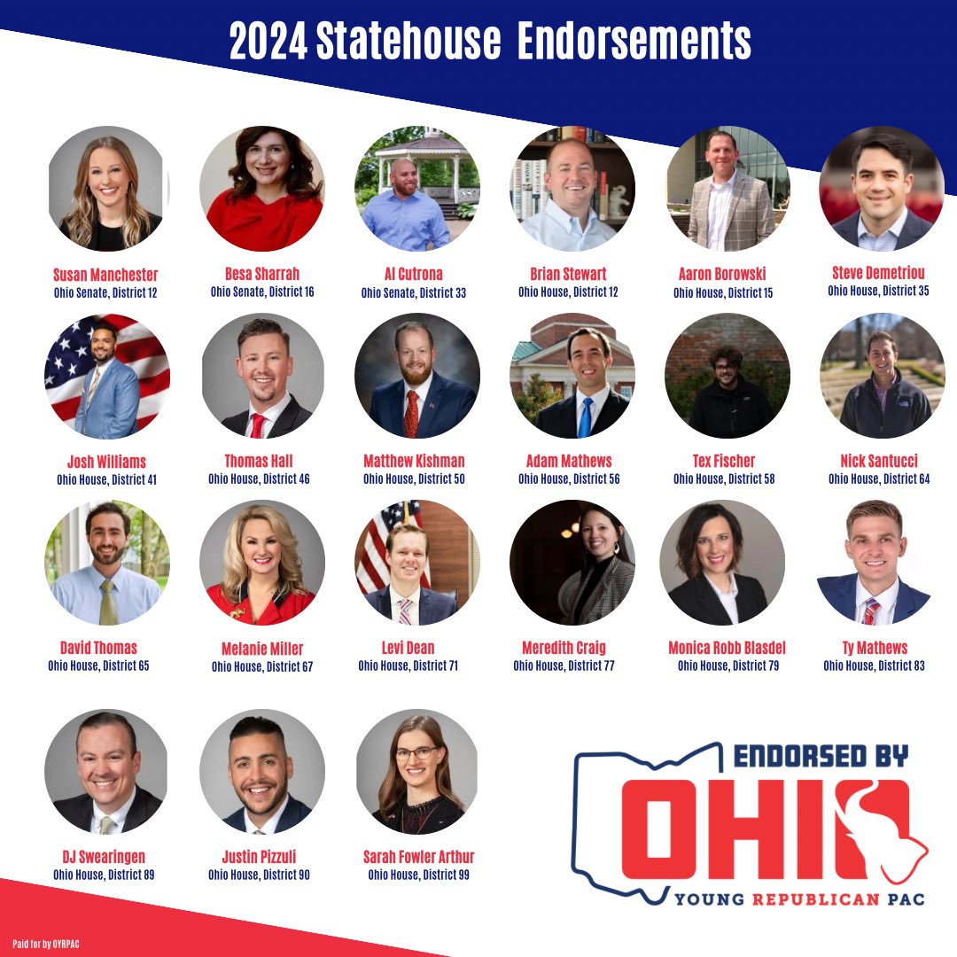 🚨Endorsement Announcements! 🚨

We are so excited to endorse this slate of Young Republicans running for the Ohio Legislature in the 2024 General Election!  They are great advocates for their communities and the State of Ohio. #YRsRun #YRsLead