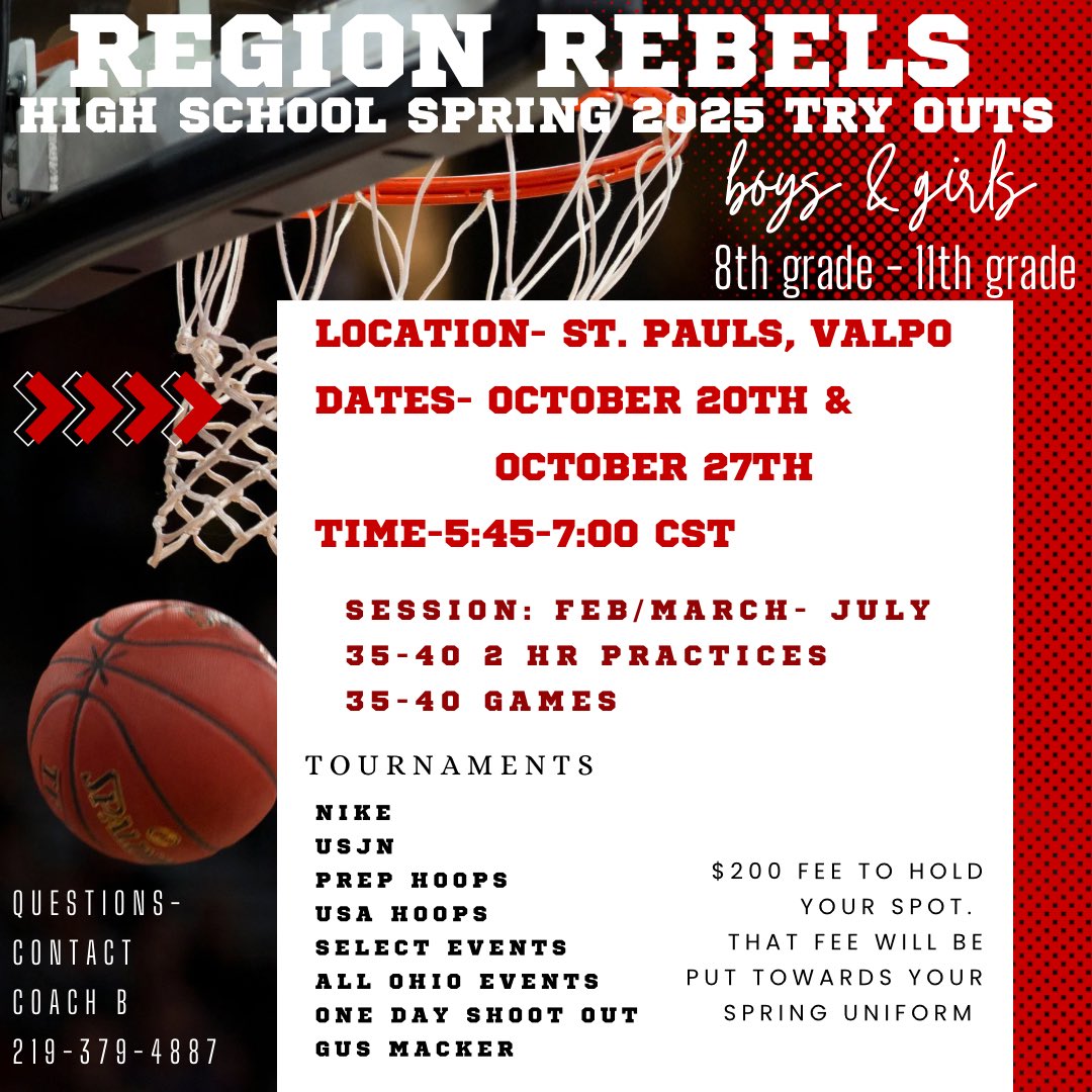 🚨EXCITED to announce our High School try out dates! 
This is for Girls &amp; Boys, currently 8th-11th grade for our Spring 2025 session! Please contact Coach B with any questions! <a href="/coachdrn/">Dustin Nelson</a> <a href="/twanpip/">Antwan Pipkins</a>