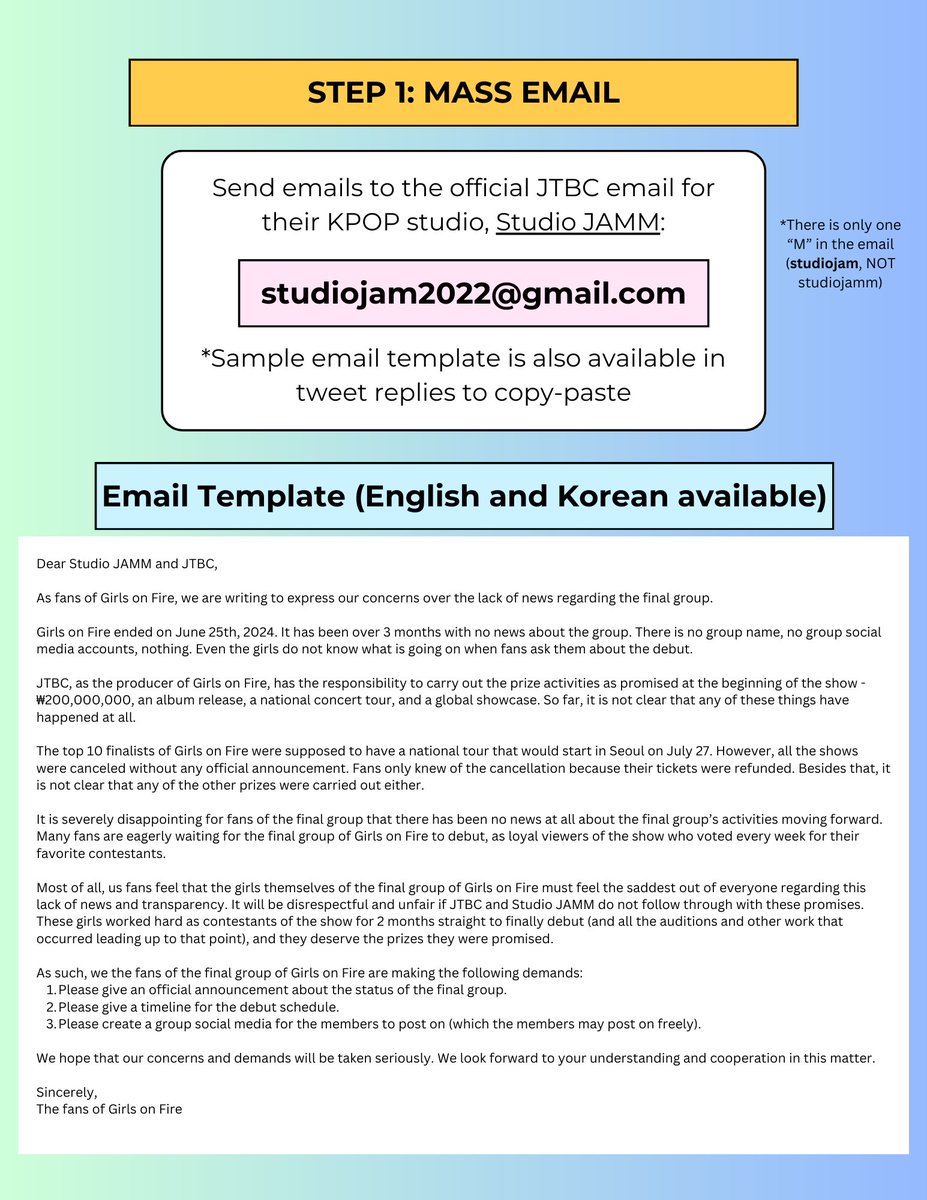 godzonfire's tweet photo. Help us contact JTBC about the Girls on Fire debut!🔥

These are the main ways:

1) Mass email- studiojam2022@gmail.com
2) Post, use hashtags, &amp; tag them

Links &amp; templates in replies ⬇️

#WhereIsGirlsOnFire #GirlsOnFire 
#걸스온파이어_어디예요 #걸스온파이어
@jtbclove @JammArtist https://t.co/VFOU1ZaQSW