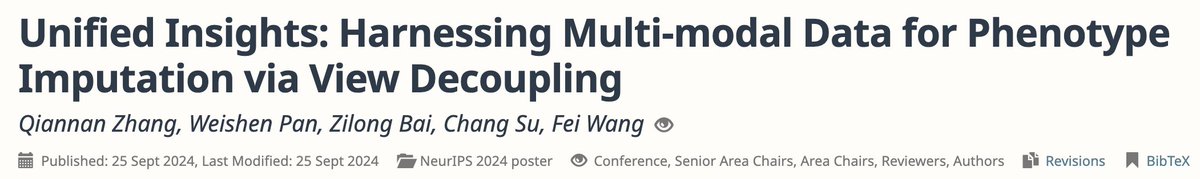 WCM_AIDH's tweet image. We are thrilled to have a paper accepted to #NeurIPS2024. This is a super competitive year with 15K+ submissions and ~25% acceptance rate. Congrats to our members Qiannan Zhang, Weishen Pan, Zilong Bai and Chang Su for this important work. More to come.