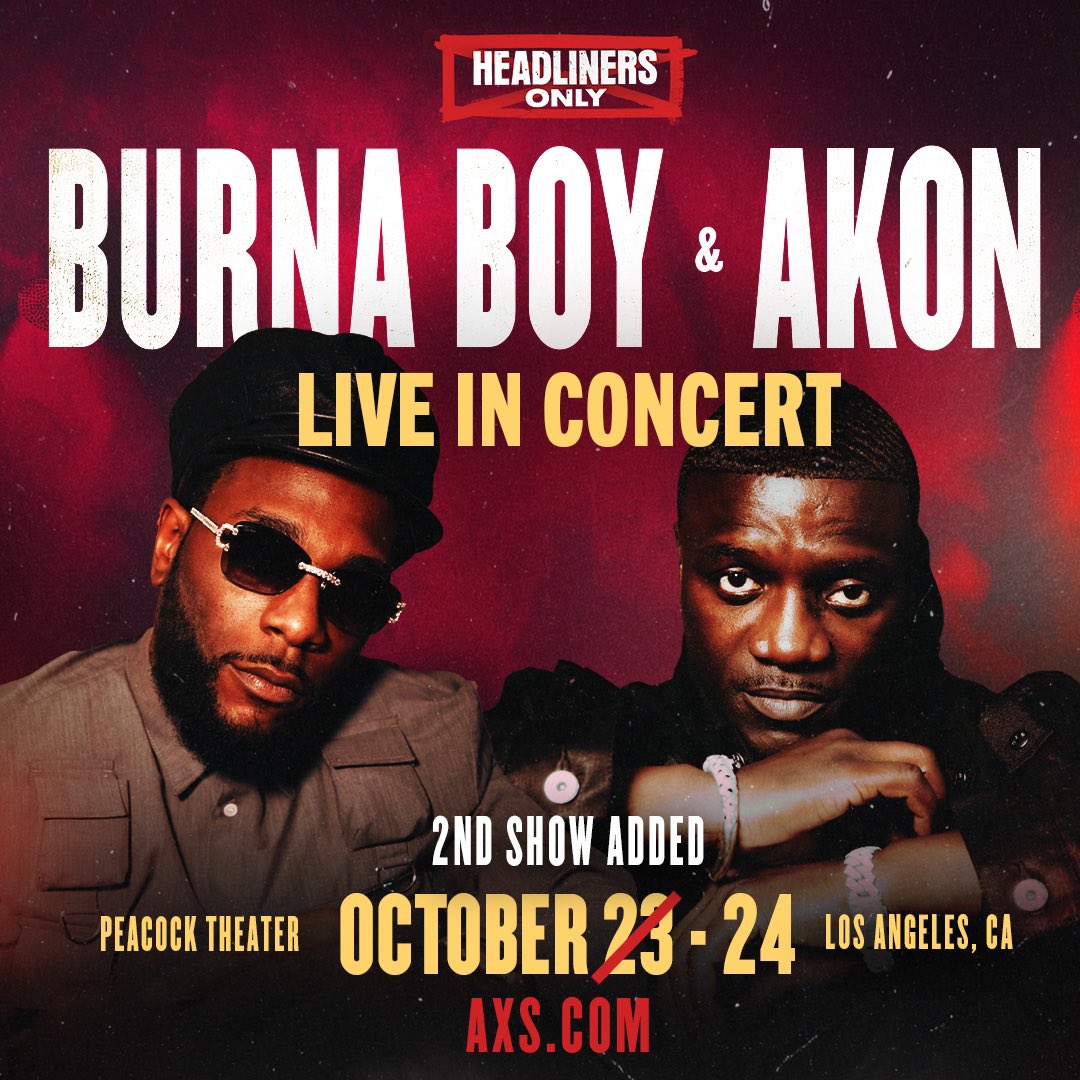 🎤 Witness a legendary collaboration! 🌟 Burna Boy and Akon are hitting the stage together for the first time ever in LA! 🎟️ 
bit.ly/BurnaBoyAkonLo…