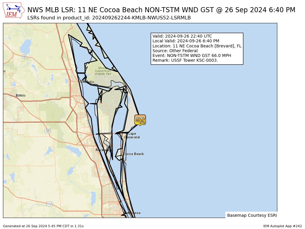 At 6:40 PM EDT, 11 NE Cocoa Beach [Brevard Co, FL] Other Federal reports Non-Tstm Wnd Gst of E66 MPH. USSF Tower KSC-0003. #flwx mesonet.agron.iastate.edu/lsr/#MLB/20240…