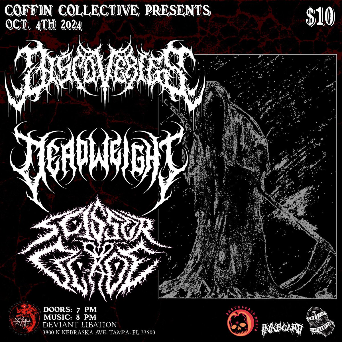 DeathPeachMedia's tweet photo. Save the date everyone! 10/4 DISCOVERIES NC  is coming to destroy tampa alongside Dead Weight and Scissorblade! This show couldn't be possible without the awesome friends over at Coffin Collective and Deviant Libation! Also check out Inkbeard for awesome artwork logos and flyers! https://t.co/B4XEiDFhBj