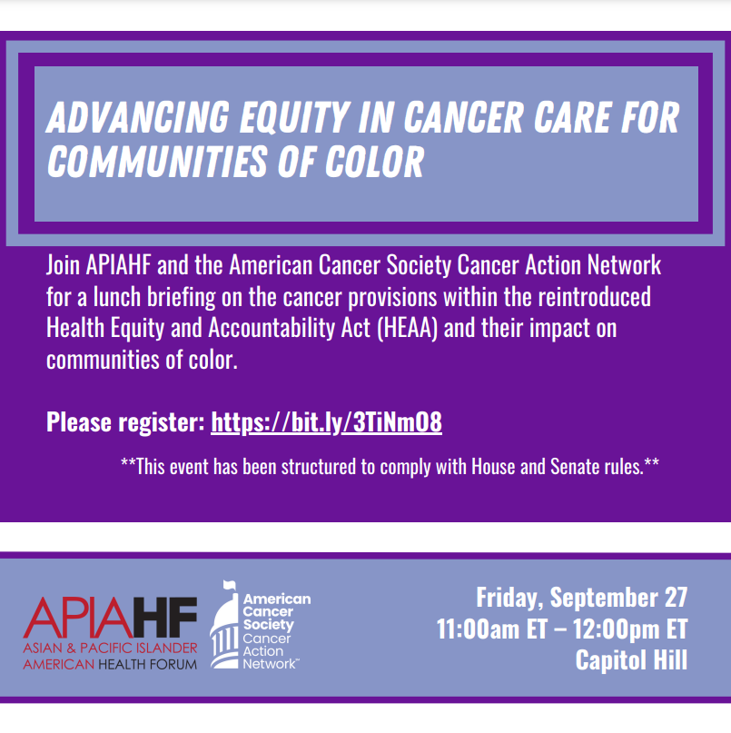 ACSCAN's tweet photo. 🗓️ Happening tomorrow! Join @APIAHF and ACS CAN for a lunch briefing on the #cancer provisions within the reintroduced Health Equity and Accountability Act (#HEAA) and their impact on communities of color.

⏲️Friday, Sept. 27 at 11 am ET
➡️Register: https://t.co/4U7tC0ahs0 https://t.co/9iqala0jLX