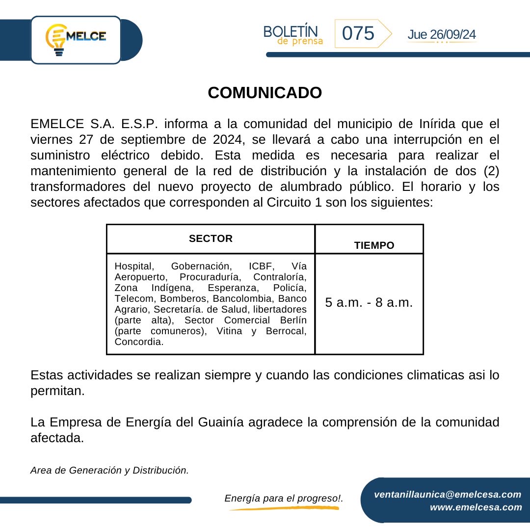EMELCESA's tweet photo. Comunicado Suspensión servicio de energía eléctrica. https://t.co/SkuDkbyjrZ