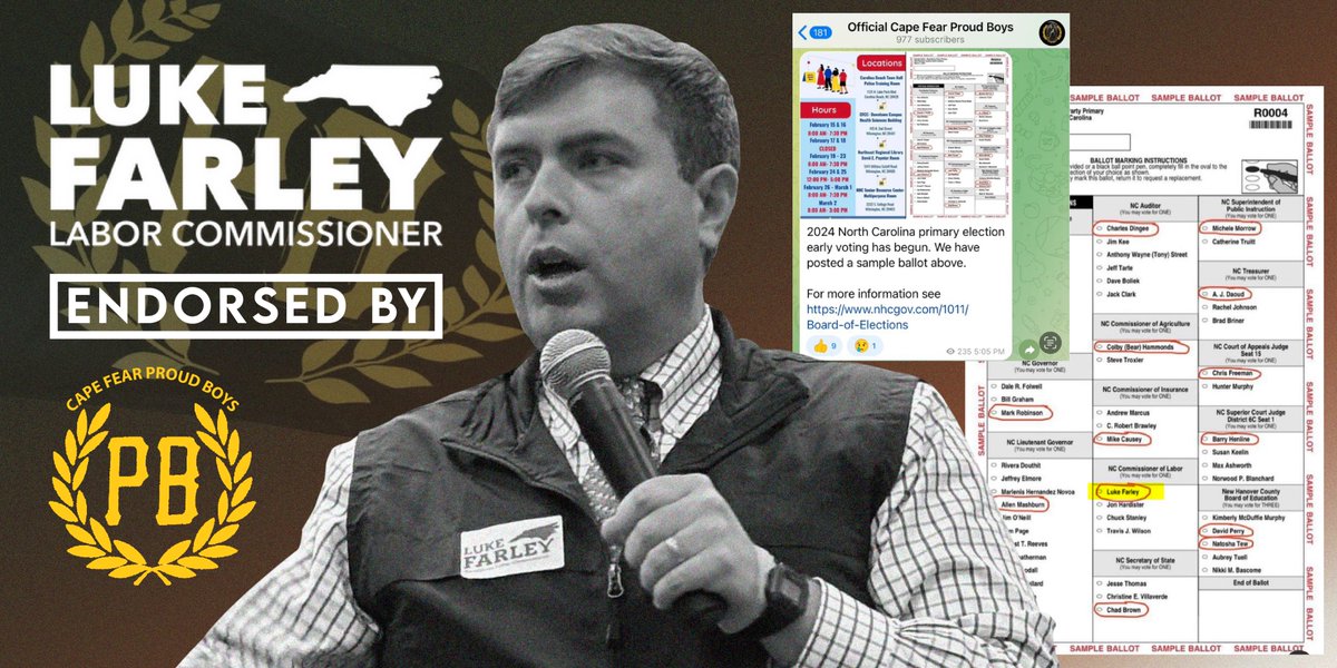 Want proof that my opponent is too extreme? He’s been endorsed by the Cape Fear Proud Boys. While I’m running to protect workers, Farley is pushing the dangerous agenda Mark Robinson has promised to enact. This is who Luke Farley is but this is not what North Carolina stands for.