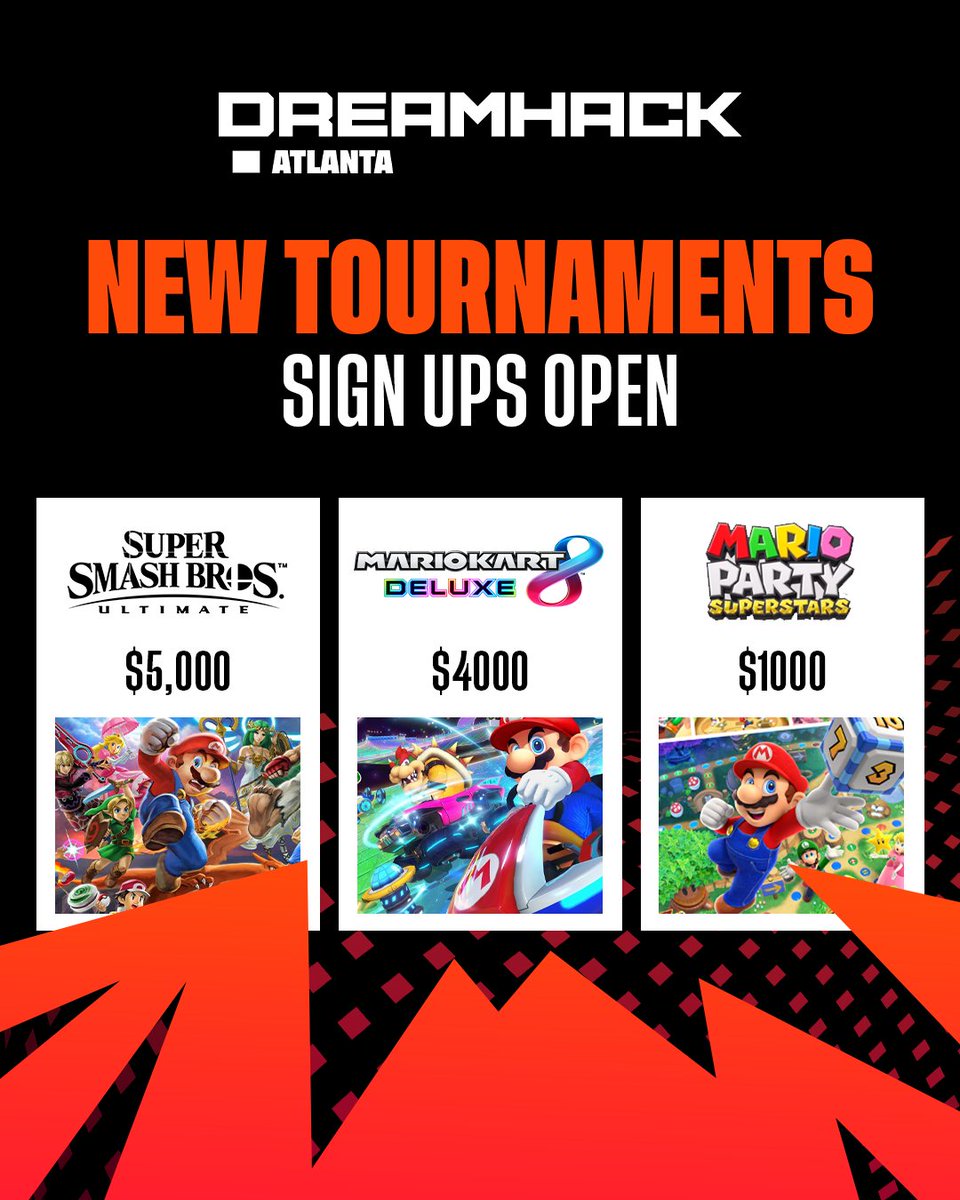 Even more tournaments available in Fighters and Freeplay! 🤜💥🤛

Super Smash Bros Ultimate $5000
Mario Kart 8 Deluxe $4000
Mario Party Superstars $1000
Register now at start.gg/dhatl24