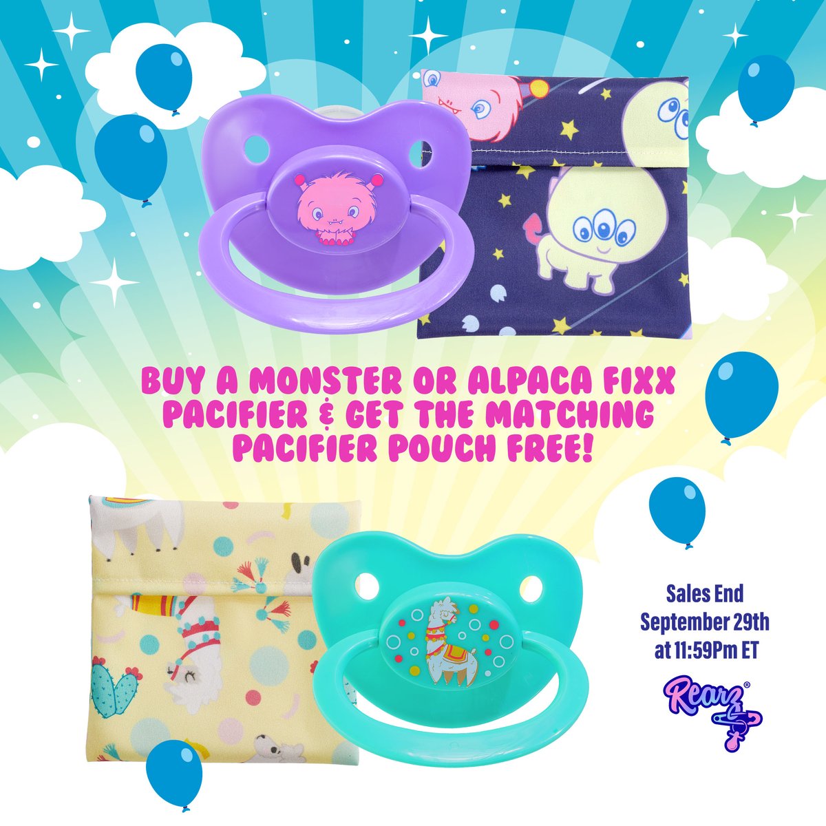 RearzInc's tweet photo. Grab a Lil Monster or Alpaca Fixx pacifier and get the matching pacifier pouch FREE! ๐๐๐ Don't miss out sale ends September 29th at 11:59 pm ET.
Only at https://t.co/W3FUZontqM!
#adultpacifier #fixxpacifiers #rearzinc #abdl #abdlcommunity #ageplay #adultbaby https://t.co/cHF9mNo5Ea