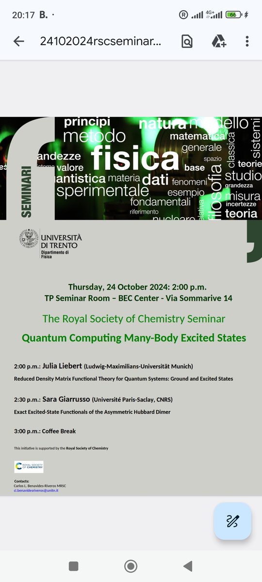 The next 24th october I will host a seminar on quantum computing many-body excited states at the <a href="/UniTrento/">Università di Trento</a>'s physics dep, with the kind sponsorship of the <a href="/RoySocChem/">Royal Society of Chemistry</a>!