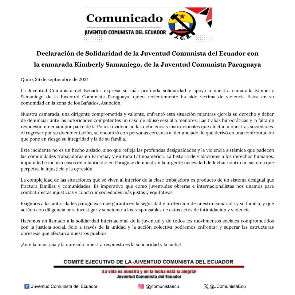 JCE_Nacional's tweet photo. Nuestra declaración en solidaridad con la camarada Kimberly Samaniego, de la @lajotapy, víctima de violencia física por denunciar violencia sexual a menores. ¡Exigimos a las autoridades de #Paraguay que garanticen la seguridad y protección de nuestra camarada y su familia! https://t.co/ptpcPVkPOC