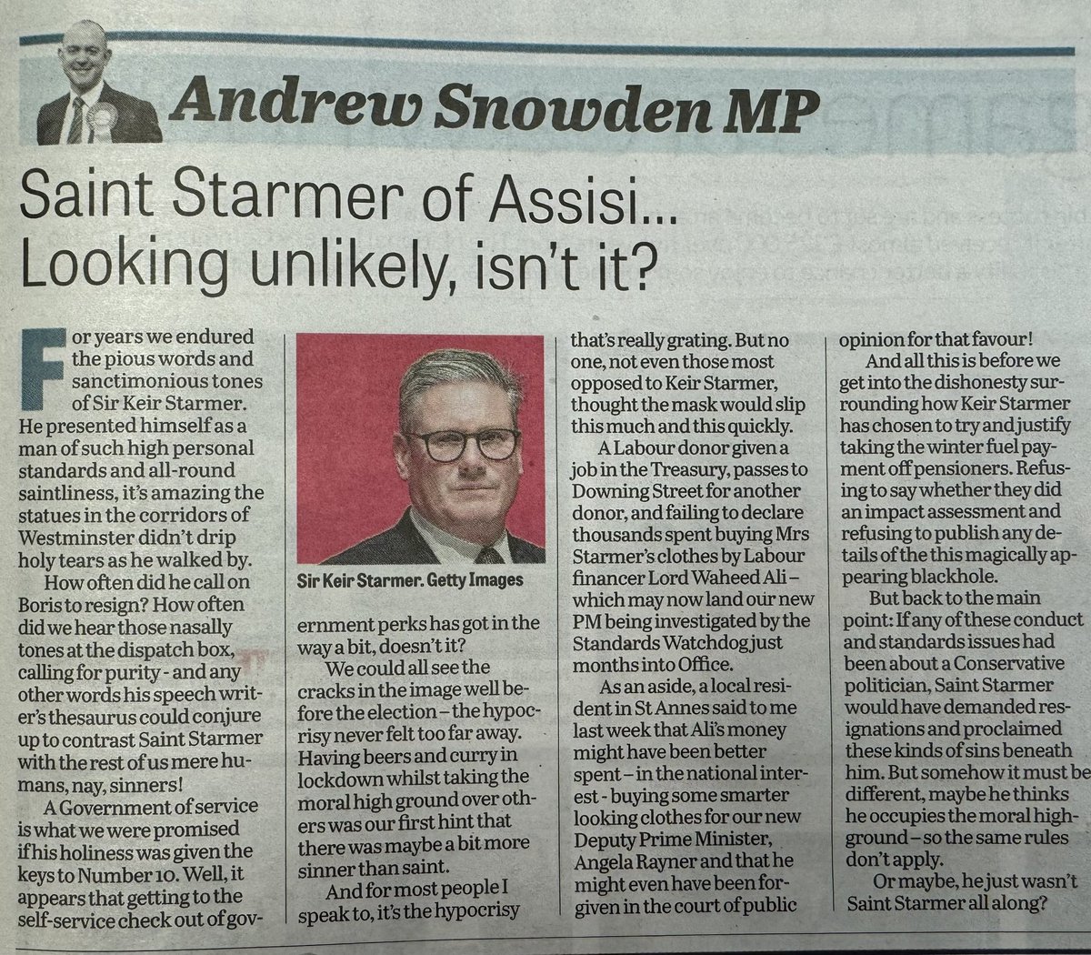 A_J_Snowden's tweet photo. After years of pious preachings from ‘Saint Starmer’, now the halo has been fully blown off - it’s the hypocrisy and deceit that’s infuriating most people I speak to in Fylde…

My weekly column for the @lsaexpress, out now 🗞️ https://t.co/ugdmhScIzj